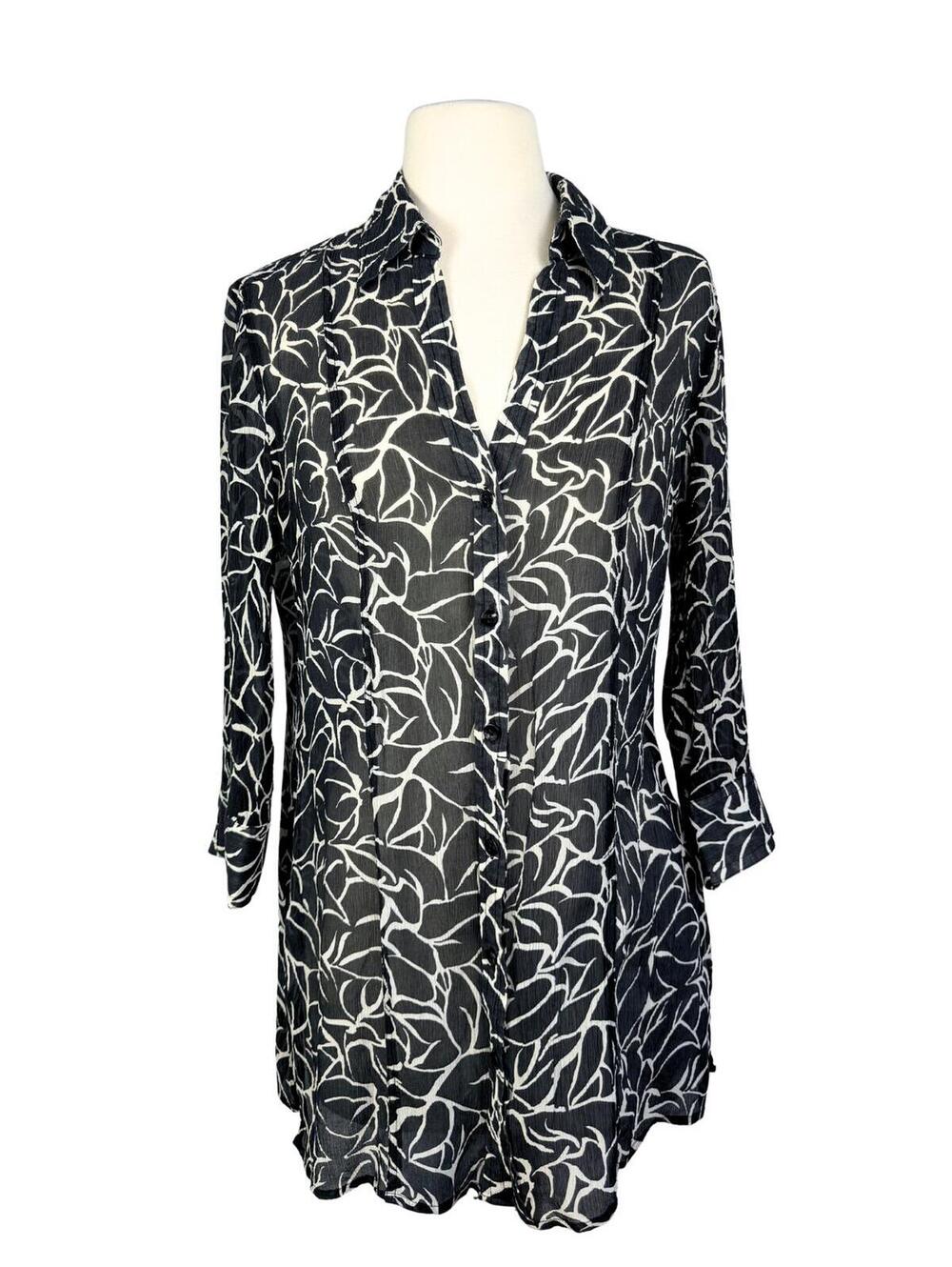 Chico's 100% Silk Black White Abstract Floral Button Up Tunic Size 1